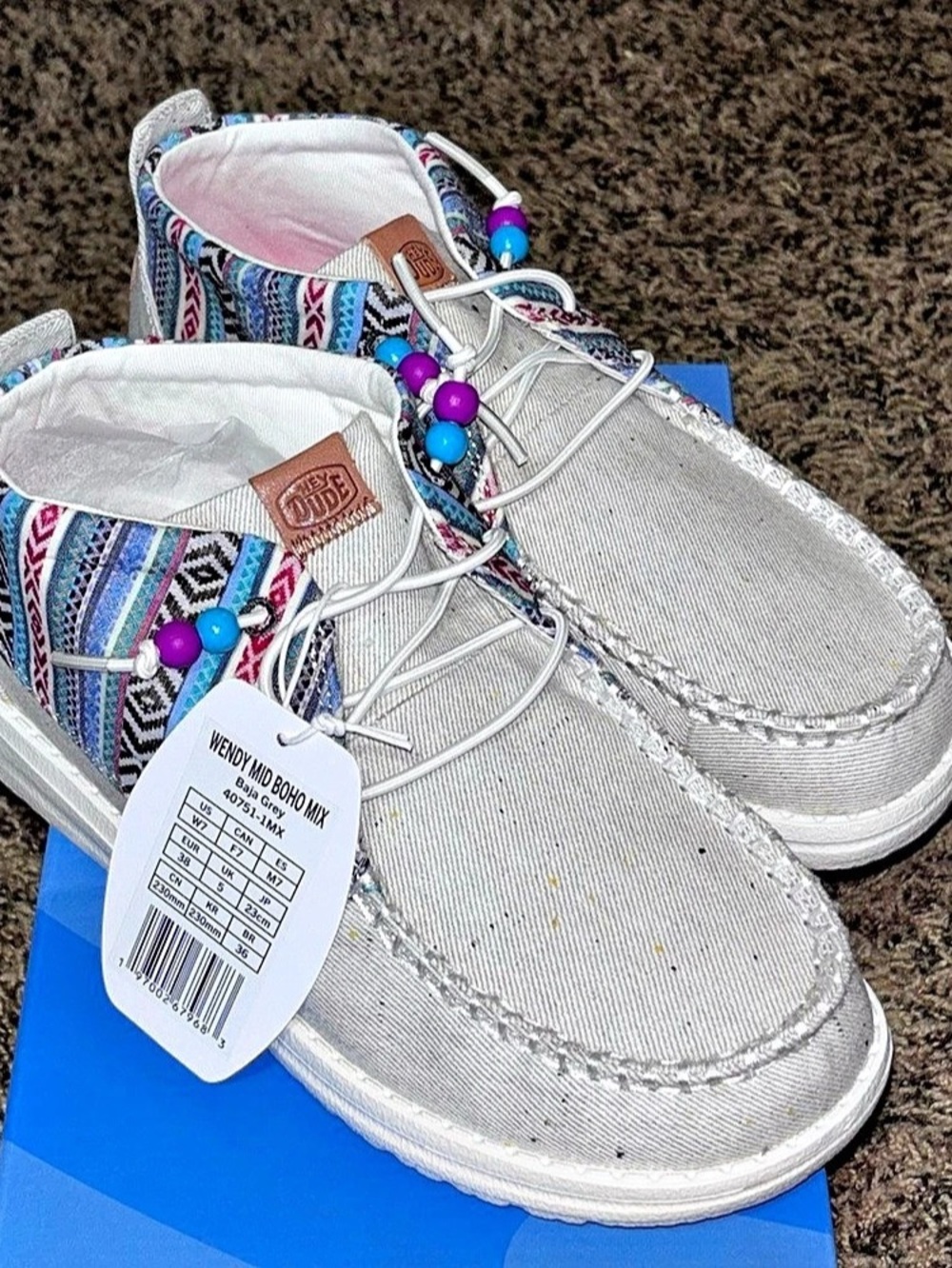 Hey Dude Wendy Mid Boho Mix Baja Grey Canvas Loafers Slip On Women’s Size 7